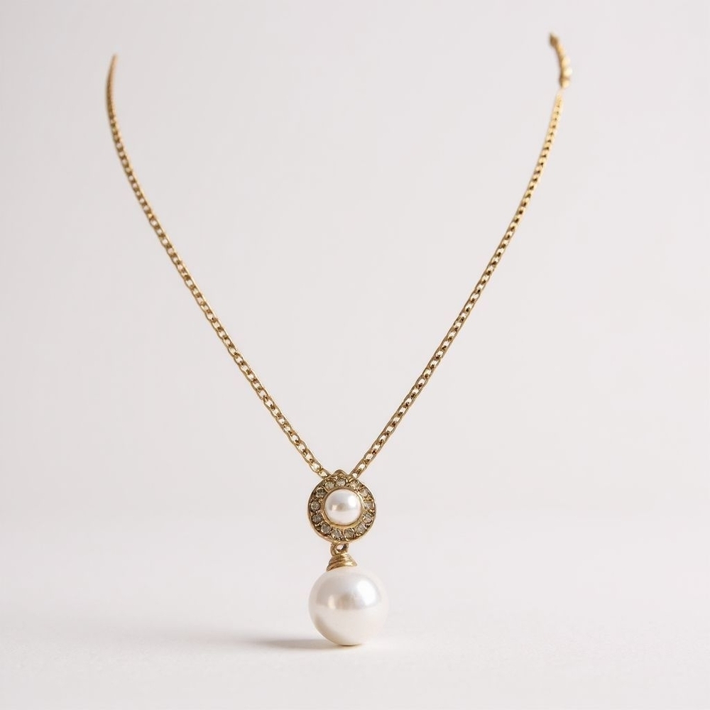 Vintage Dior Pearl Drop Necklace Gold Chain Crystal Pendant COA